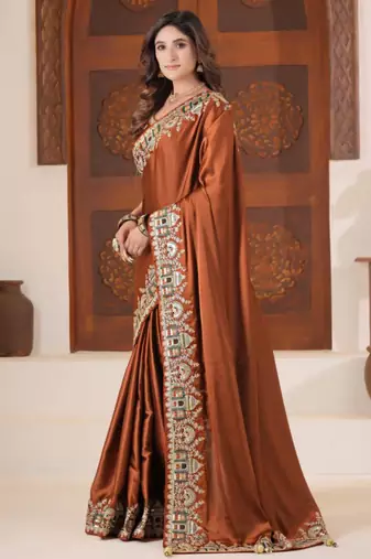 soft silk blend rust heavy multi colored border fandy satin saree with unstitched blouse