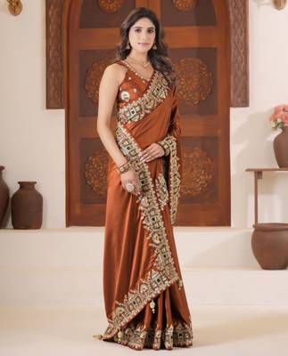 soft silk blend rust heavy multi colored border fandy satin saree with unstitched blouse 1