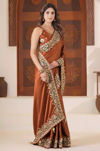 soft silk blend rust heavy multi colored border fandy satin saree with unstitched blouse