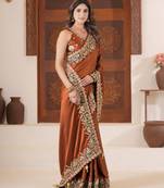 soft silk blend rust heavy multi colored border fandy satin saree with unstitched blouse