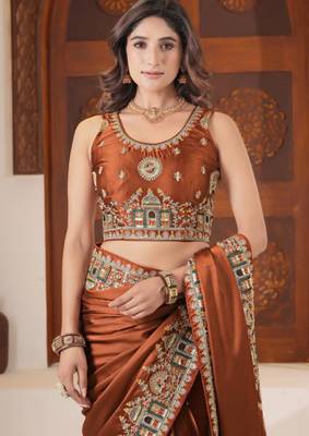 soft silk blend rust heavy multi colored border fandy satin saree with unstitched blouse 5