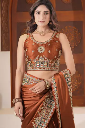 soft silk blend rust heavy multi colored border fandy satin saree with unstitched blouse