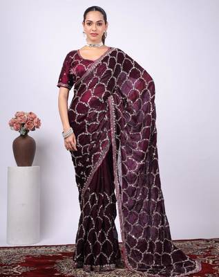 Celebrity type purple embroidered border fandy satin saree with unstitched blouse 1
