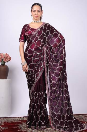 Celebrity type purple embroidered border fandy satin saree with unstitched blouse