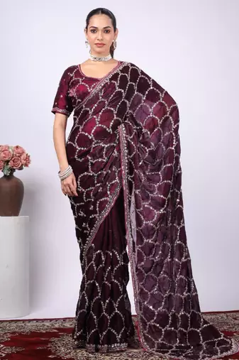 Celebrity type purple embroidered border fandy satin saree with unstitched blouse