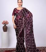 Celebrity type purple embroidered border fandy satin saree with unstitched blouse