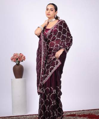 Celebrity type purple embroidered border fandy satin saree with unstitched blouse 3