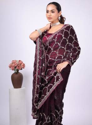 Celebrity type purple embroidered border fandy satin saree with unstitched blouse 4