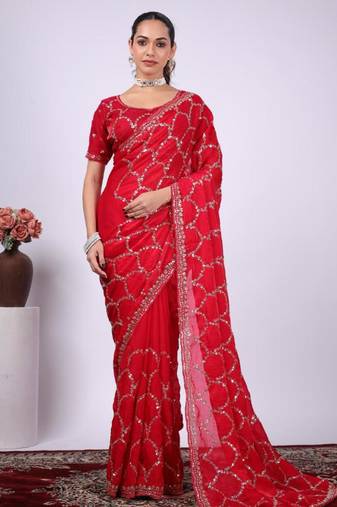 Floral red embroidered border fandy satin saree with unstitched blouse