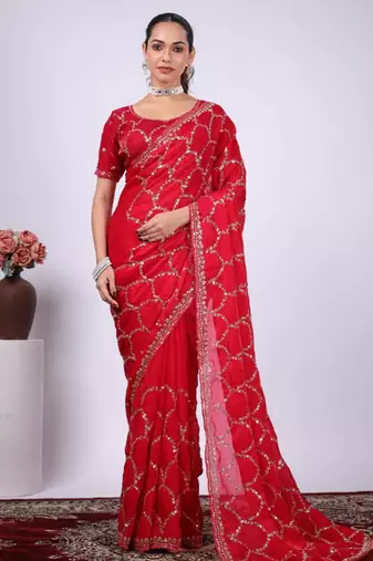 Floral red embroidered border fandy satin saree with unstitched blouse
