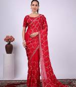 Floral red embroidered border fandy satin saree with unstitched blouse
