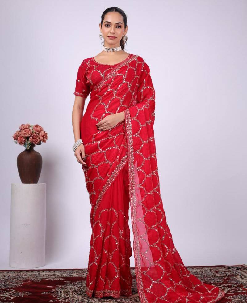 Floral red embroidered border fandy satin saree with unstitched blouse
