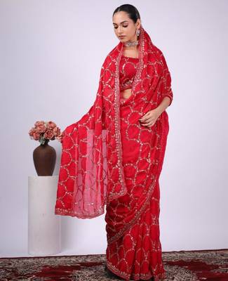 Floral red embroidered border fandy satin saree with unstitched blouse 2