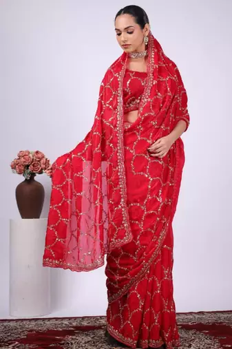 Floral red embroidered border fandy satin saree with unstitched blouse