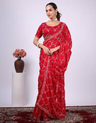 Floral red embroidered border fandy satin saree with unstitched blouse 3
