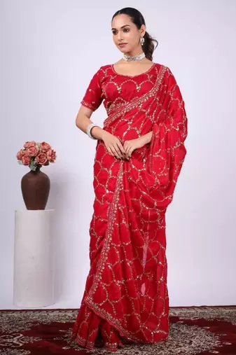 Floral red embroidered border fandy satin saree with unstitched blouse