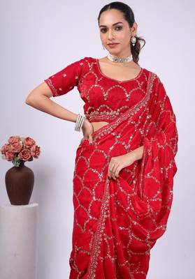 Floral red embroidered border fandy satin saree with unstitched blouse 4