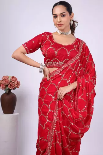 Floral red embroidered border fandy satin saree with unstitched blouse