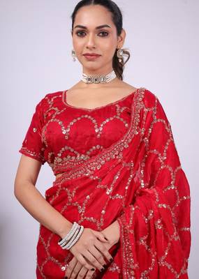 Floral red embroidered border fandy satin saree with unstitched blouse 5
