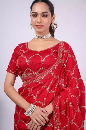 Floral red embroidered border fandy satin saree with unstitched blouse