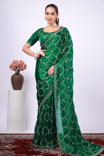 Embellished green embroidered border fandy satin saree with unstitched blouse