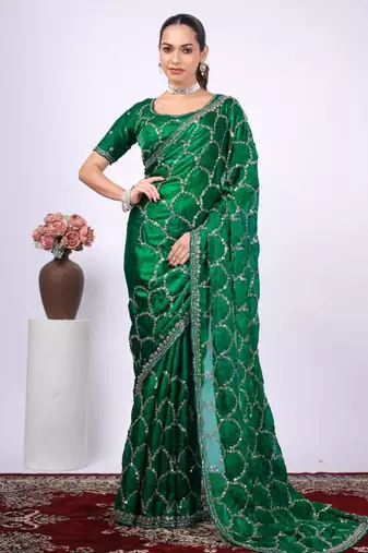 Embellished green embroidered border fandy satin saree with unstitched blouse