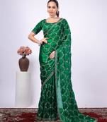 Embellished green embroidered border fandy satin saree with unstitched blouse