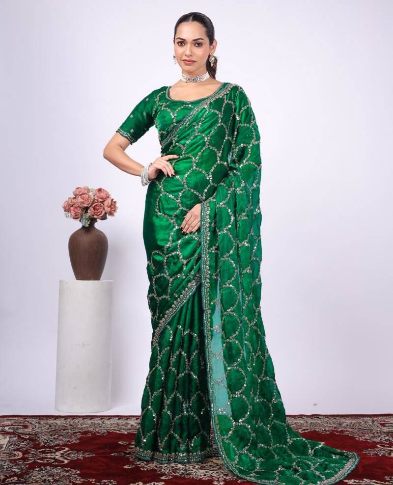 Embellished green embroidered border fandy satin saree with unstitched blouse