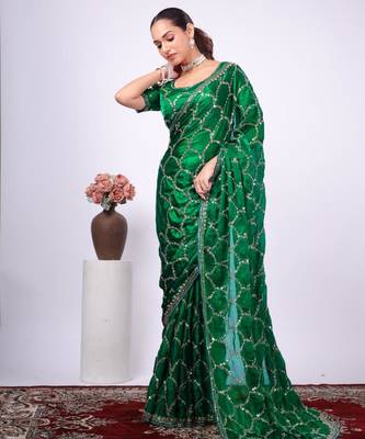 Embellished green embroidered border fandy satin saree with unstitched blouse 2