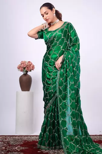 Embellished green embroidered border fandy satin saree with unstitched blouse