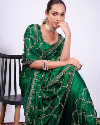 Embellished green embroidered border fandy satin saree with unstitched blouse 3