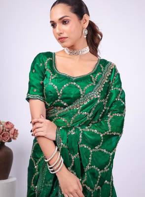 Embellished green embroidered border fandy satin saree with unstitched blouse 4
