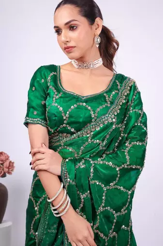 Embellished green embroidered border fandy satin saree with unstitched blouse