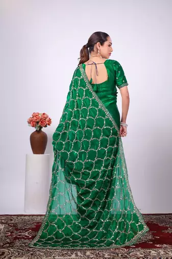 Embellished green embroidered border fandy satin saree with unstitched blouse