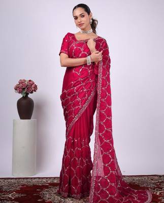 Ethnic raani embroidered border fandy satin saree with unstitched blouse 1