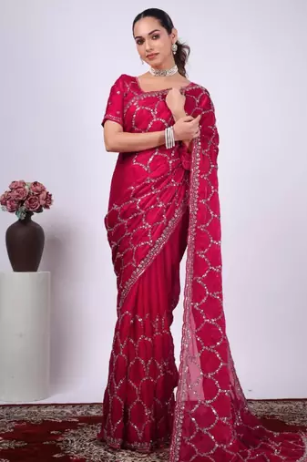 Ethnic raani embroidered border fandy satin saree with unstitched blouse