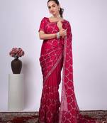 Ethnic raani embroidered border fandy satin saree with unstitched blouse