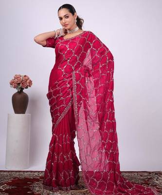 Ethnic raani embroidered border fandy satin saree with unstitched blouse 2