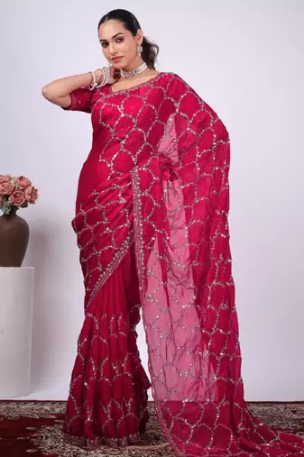 Ethnic raani embroidered border fandy satin saree with unstitched blouse