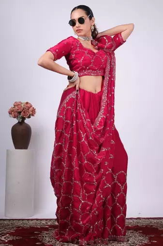 Ethnic raani embroidered border fandy satin saree with unstitched blouse