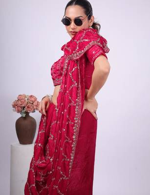 Ethnic raani embroidered border fandy satin saree with unstitched blouse 4