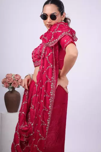 Ethnic raani embroidered border fandy satin saree with unstitched blouse