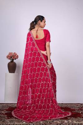 Ethnic raani embroidered border fandy satin saree with unstitched blouse 5