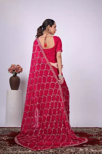 Ethnic raani embroidered border fandy satin saree with unstitched blouse