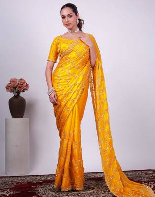 Trendy yellow embroidered border fandy satin saree with unstitched blouse 1