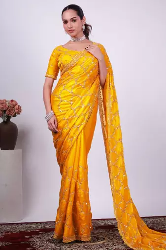Trendy yellow embroidered border fandy satin saree with unstitched blouse
