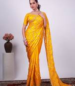 Trendy yellow embroidered border fandy satin saree with unstitched blouse