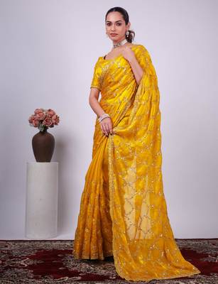 Trendy yellow embroidered border fandy satin saree with unstitched blouse 2