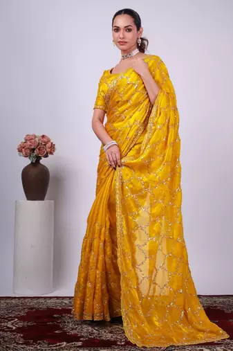 Trendy yellow embroidered border fandy satin saree with unstitched blouse
