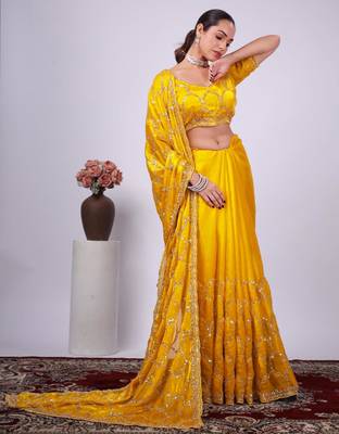 Trendy yellow embroidered border fandy satin saree with unstitched blouse 3